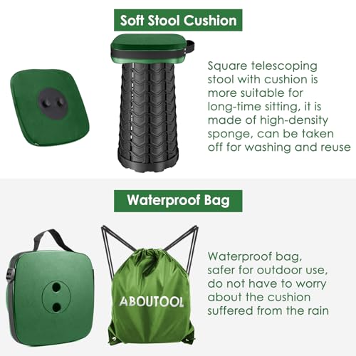 aboutool Folding Camping Stool, Square Collapsible Portable Stool with Elastic Seat Cushion& Adjustable Nylon Bag, Sturdy Lightweight Telescoping Foldable,Max Load 485lb (Green) - color: Green