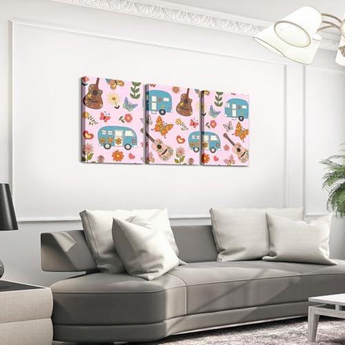 Erosebridal Boho Camper Framed Wall Decor Happy Camping Canvas Wall Art For Bedroom Retro 70S Hippie Guitar Paintings Posters 3 Piece 12"X16" Boho Florals Wildflower Butterfly Pictures Prints - color: Blue Brown Pink Green