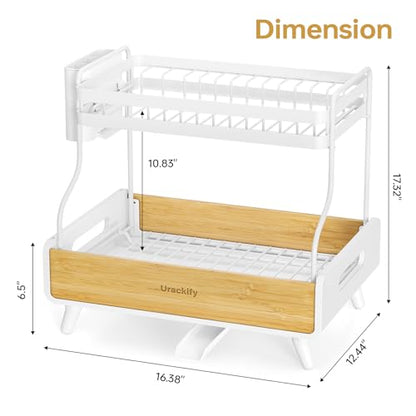 Urackify 2-Tier Dish Drying Rack, Large Stainless Steel & Bamboo Dish Rack for Kitchen Counter, Dish Drainers with Adjustable Automatic Spout, Drying Rack Kitchen with Utensil Holder, White - color: White, size: 2 Tier