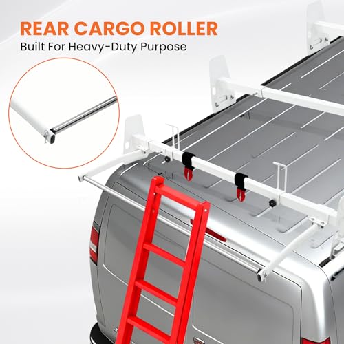 Van Roof Ladder Rack Fit for 1996-2025 Chevy Express 1500/2500/3500 Vans, with Rear Roller, 850 lbs Heavy Duty, 3 Adjustable Crossbars (48"-67"), Rain Gutter Mounts, No Drill