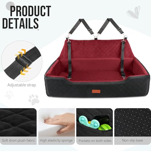 HEGGCOOE Large Dog Car Seat Under 100 lbs, Washable Dog Car Bed for 2 Medium Dogs, Detachable Pet Booster Seat with Storage Pocket and Seat Belt for Back Seat - color: Black/Red