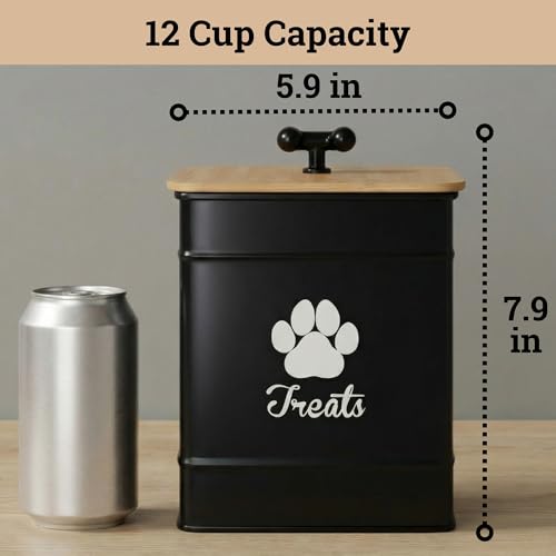 Dog Treat Container Airtight - 6 Inch Wide x 8 Inch Tall Iron Dog Treat Jar for Kitchen Counter with Airtight Bamboo Lid - 12 Cup Capacity Pet Treat Container - Doggie Cookie Jar - Big Treats Canister - color: Black