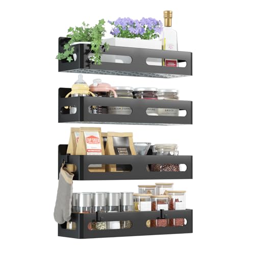 Sevenblue 4 Pack Strong Magnetic Spice Rack for Refrigerator, Multipurpose Magnetic Shelf for Fridge with 4 Hooks for Kitchen and Bathroom Organization, Black - color: Black, size: 4 Pack