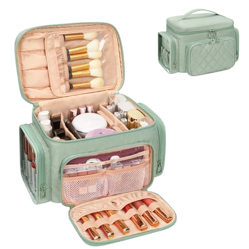 Bagmoly Large Makeup Bag, Portable Travel Makeup Bag Organizer for Women Girls with Makeup Brush Compartment & Two Side Pockets, Cosmetic Travel Bag Vertical Storage Toiletry - Green - color: 07-Nylon Green, size: Medium