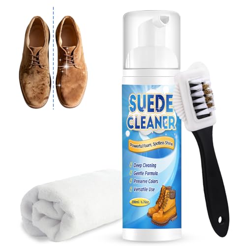Yeardera Suede Cleaner Kit, 6.76oz No-Rinse Suede and Nubuck Shoe Cleaner with Brush & Towel, Removes Dirt and Stains, Gentle Cleaning for Leather, Boots, Sneakers