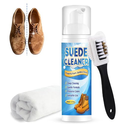 Yeardera Suede Cleaner Kit, 6.76oz No-Rinse Suede and Nubuck Shoe Cleaner with Brush & Towel, Removes Dirt and Stains, Gentle Cleaning for Leather, Boots, Sneakers
