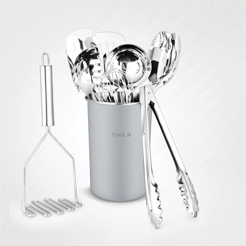Avador® Premium Set of 10 Stainless Steel (GREY HOLDER) Kitchen Tool Set with Holder Easy To Clean, Space Saving, Great for Cooking, Baking, Prepping (GREY) - color: Gray