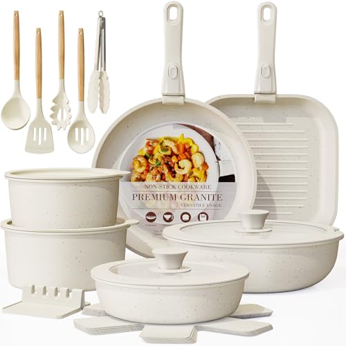 Astercook 23 Pcs Pots and Pans Set Non Stick, Ceramic Cookware Set Detachable Handle, RV Kitchen Cooking Set Removable Handles, Oven Safe, Induction Ready, Stackable, Cream, Fathers Day Gift for Men - color: Cream White, size: 23 Piece