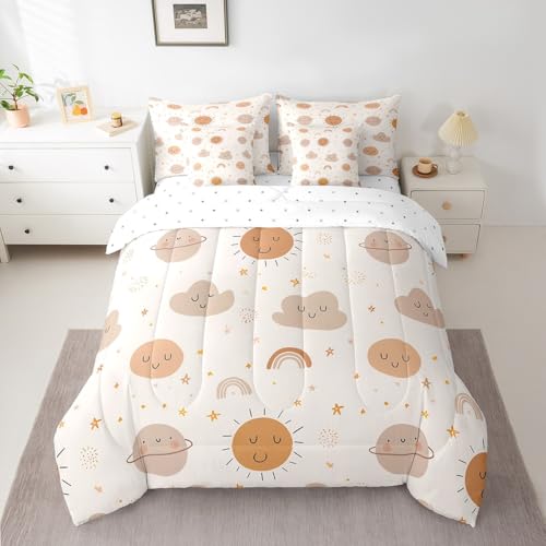 Erosebridal Girls Rainbow 7 Piece Comforter Set Twin Bed in a Bag Kids Sun and Stars Quilt Children Kawaii Planets Clouds Sheet Set Girly Cartoon Theme Bedding Set Iridescent Print Down Comforter - color: Yellow, size: Twin