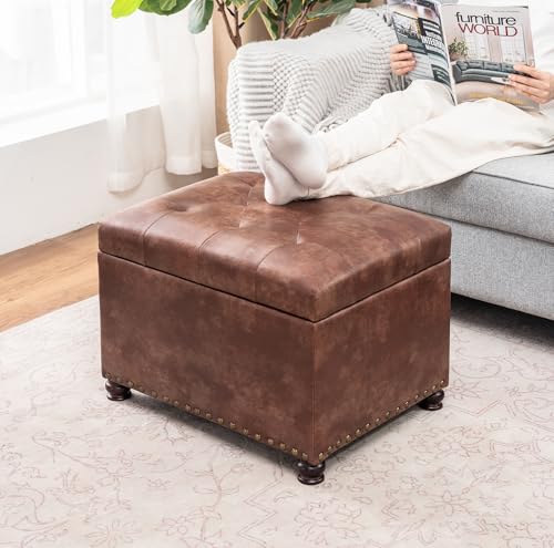 Joveco Leather Storage Ottoman, 24" Rectangle Tufted Square Upholstered Bench, Foot Rest Stool with Wood Legs, Footstool for Living Room Bedroom, Coffee - color: Coffee