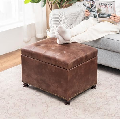 Joveco Leather Storage Ottoman, 24" Rectangle Tufted Square Upholstered Bench, Foot Rest Stool with Wood Legs, Footstool for Living Room Bedroom, Coffee - color: Coffee
