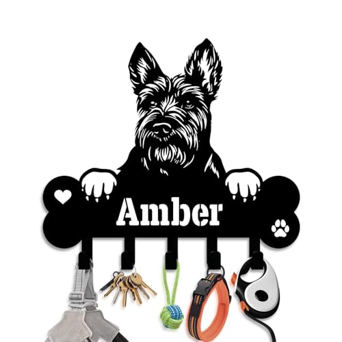 NIWAHO Dog Leash Holder for Wall Personalized - Scottish Terrier Custom Metal Sign with Bone Key Hooks, Entryway Mudroom Organizer Rack, Pet Room Decor - color: Scottish Terrier