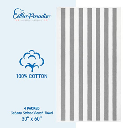 Cotton Paradise, Cabana Stripe Beach Towels 4 Packed, 30x60 inches Extra Large Pool Towels, Soft Absorbent Quick Dry, Light Gray - color: Light Gray