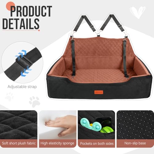 HEGGCOOE Large Dog Car Seat Under 100 lbs, Washable Dog Car Bed for 2 Medium Dogs, Detachable Pet Booster Seat with Storage Pocket and Seat Belt for Back Seat Dog Travel Bed - color: Black/Brown