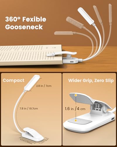 Glocusent 13 LED Rechargeable Book Light for Reading at Night, Eye-Caring 3 Amber Colors & Stepless Dimming, Lasts 1 Week to 2 Months, Travel Clip on Lamp, Gifts for Book Lovers, Men, Women & Kids - color: White
