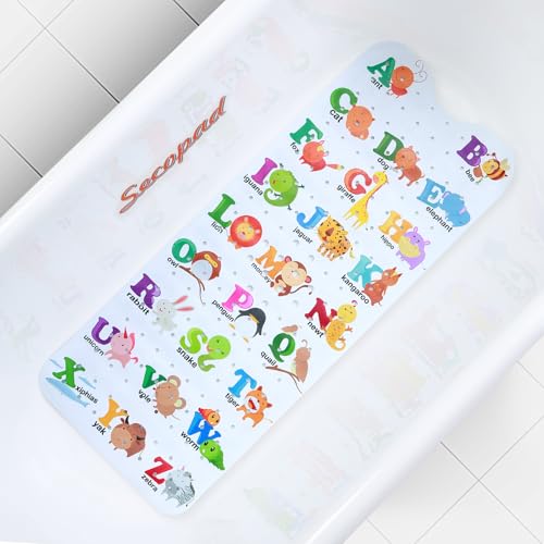 Secopad Bath Mat for Tub Non Slip, Machine Washable Anti-Slip Cartoon Baby Bathtub Shower Mat with Drain Holes and Suction Cups for Toddler & Kids (40 Inch x 16 Inch-Rectangular, Alphabet and Animals) - color: Alphabet and Animals, size: 40" x 16" (Rectan