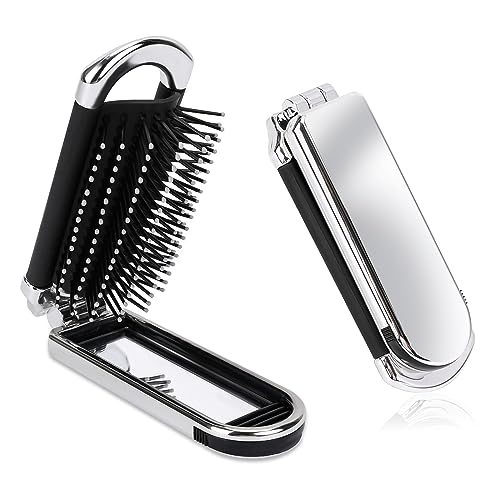 1 Pack Folding Compact Hair Brush with Mirror - Travel Pocket-Size Massage Comb for Hair Styling, Gym, Trips, and Purse (Removable Mirror) - color: Silver