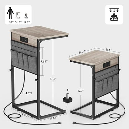 Vagusicc C-Shaped End Table Set of 2 with Charging Station, Small Side Table for Couch, Adjustable Height Couch Side Table, Slide Under Sofa Table TV Tray Tables for Living Room, Bedroom,Bedside, Gray - color: 2pc Greige