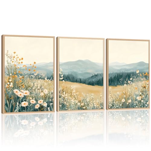 3 Pcs Framed Mountain Wildflower Wall Art Triptych Natural Landscape Canvas Prints Large Farmhouse Daisy Poster Botanical Picture Painting for Living Room Bedroom Decor 12x16IN - color: Mountain Landscape, size: 12x16 Inches