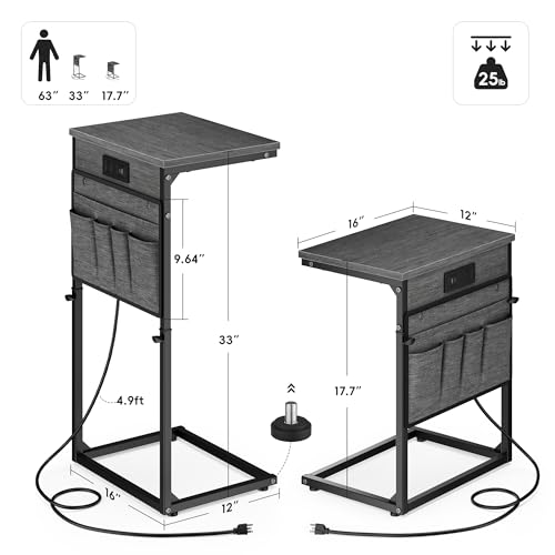 Vagusicc C-Shaped End Table with Charging Station, Small Side Table for Couch, 33" Tall Adjustable Height C Table, Couch Tables that Slide Under, Sofa Table TV Tray for Living Room, Gray Walnut - color: 1pc Gray Walnut