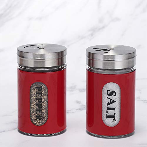 Salt and Pepper Shakers Stainless Steel and Glass Set with Adjustable Pour Holes (Red) - color: Red