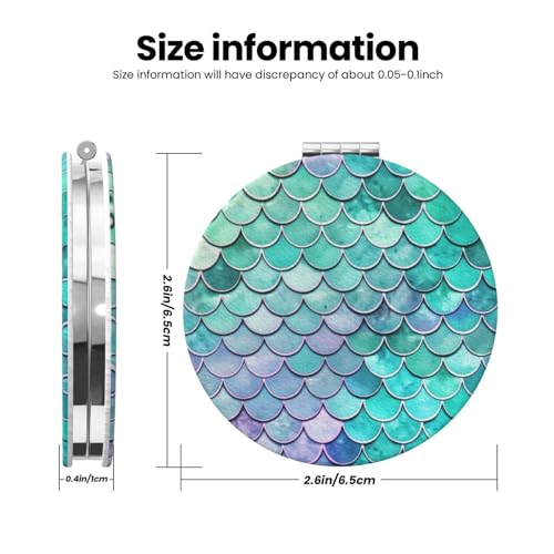 Mermaid Fish Scales Print Foldable Travel Pocket Mirror Round PU Leather Portable Mini Makeup Double Sided Handheld Magnifying,2.6 in - color: Mermaid Fish Scales