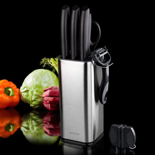 RAXCO Knife Set,10-Piece Stainless Steel Kitchen Knife Set with Block,Black | Compact Small Countertop Holder,Pro-Sharpened Stainless Steel Chef Knives, Space Saving Knife Set for RV & Apartment - color: BK