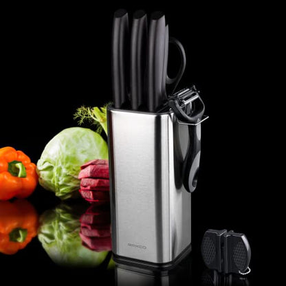 RAXCO Knife Set,10-Piece Stainless Steel Kitchen Knife Set with Block,Black | Compact Small Countertop Holder,Pro-Sharpened Stainless Steel Chef Knives, Space Saving Knife Set for RV & Apartment - color: BK