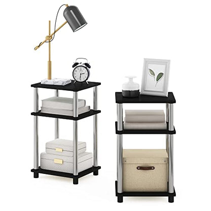 Furinno JUST Side Table Set of 2, 3-Tier Modern End Tables, Open Shelves Night Stand, Nightstand Set, Toolless Assembly, for Living Room, Bedroom, Americano/Stainless Steel - color: Americano/Chrome, size: 3-Tier, Round Pole, style: 2-Pack