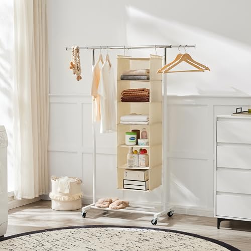 MAX Houser 6 Tier Shelf Hanging Closet Organizer, Cloth Hanging Shelf with 2 Sturdy Hooks for Storage, Foldable (Beige) - color: Beige