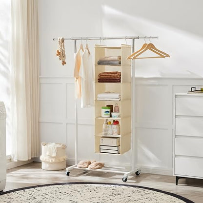 MAX Houser 6 Tier Shelf Hanging Closet Organizer, Cloth Hanging Shelf with 2 Sturdy Hooks for Storage, Foldable (Beige) - color: Beige