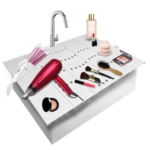 Mofason Bathroom Sink Top Cover Space Saver,Silicone Makeup Organizer Mat for Over Countertop,Small Bathroom Must Haves Accessories Rv Camper Travel Foldable Gadgets-White - color: White, size: 20.2 x15.8 inch