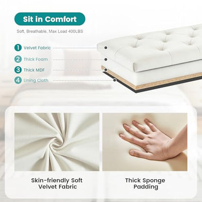 Velvet Storage Ottoman Bench for Bedroom, End of Bed Bench with Button, Side Storage Pockets, Organizer Storage Chest, Upholstered Foot Rest, Load up to 400 lb, for Living Room, Entryway, Beige