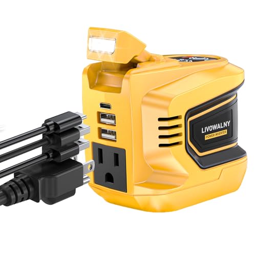 LIVOWALNY 200W-250W Power Inverter, Compatible with DeWALT 20V Battery, DC 20V to AC 110V-120V Portable Power Inverter, 1 AC Outlet, 2 USB Ports & 1 Type-C Port, Adjustable LED Work Light, (Tool Only) - color: Yellow, size: 1-PACK