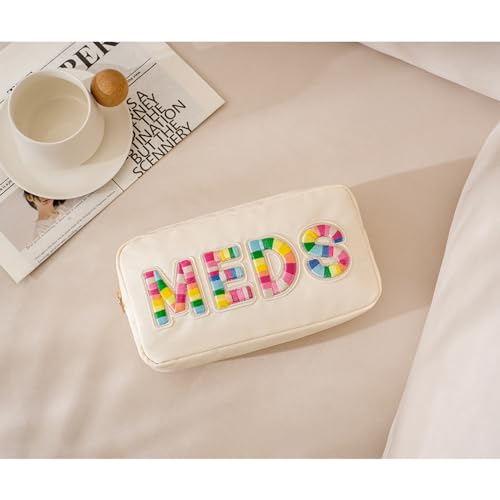 Chenille Letter Patch Nylon Medicine Packages,Cute MEDS Travel Makeup Bag with Metal Zipper, First Aid Purse Organizer Cosmetic Bag for Women and Girls(01Beige) - color: 01Beige