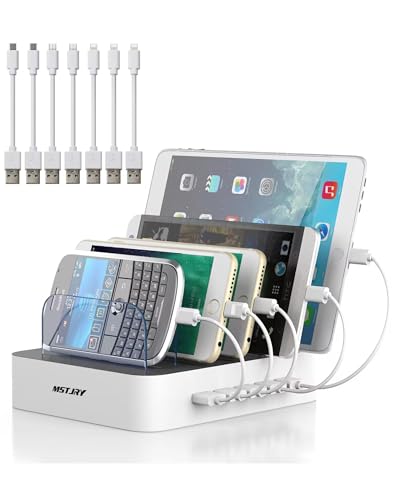 MSTJRY Charging Station for Multiple Devices : 5 Port Multi USB-A Charger Stations Multi-Device Organizer Charging Dock Designed for iPhone iPad Cell Phone Tablets (7 Short Cables Included) - color: White