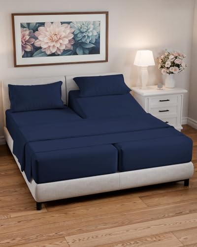 Split California King Bed Sheet Set - 5 Piece Split Cal King Size Sheets - Ultra-Soft, Breathable & Cooling - Comfy, Wrinkle & Fade Resistant - Fits 8" to 16" Inch Mattress w/ Deep Pockets - Navy Blue - color: 24 - Navy Blue, size: Split California King