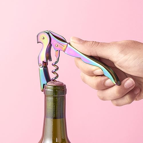 Blush Mirage Iridescent Double Hinged Corkscrew Wine Opener with Built-in Beer Bottle Opener, Stainless Steel Wine Key with Foil Cutter, Home Bar Gifts for Women, Bridesmaid Gifts, Kitchen and Travel - style: Waiter Corkscrew