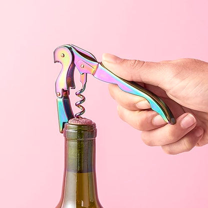 Blush Mirage Iridescent Double Hinged Corkscrew Wine Opener with Built-in Beer Bottle Opener, Stainless Steel Wine Key with Foil Cutter, Home Bar Gifts for Women, Bridesmaid Gifts, Kitchen and Travel - style: Waiter Corkscrew