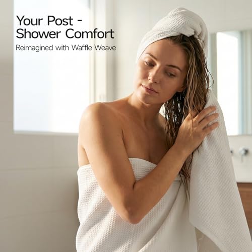 REDKISS 100% Cotton Waffle Weave Bath Towels 4 Pack - 27.5x55 Inches| Lightweight, Quick Dry & Highly Absorbent,Perfect for Spa, Gym, Travel, Guest Bathroom-White - color: White