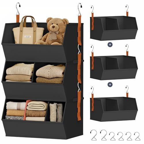 DIMJ Hanging Closet Organizer Extra Large, Clothes Hanging Shelves for Closet with Divider, Collapsible Closet Storage System, Fabric Storage Bins for Home, Black, 15.75 × 12.20 × 9.44, 3 Pack - color: Black, size: 15.75 × 12.20 × 9.44. - 3 Pack