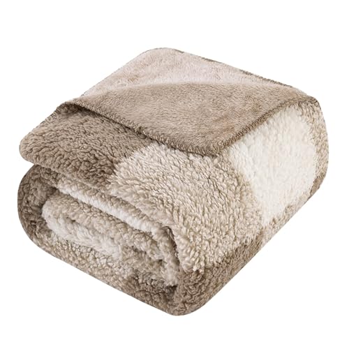 LURKA Checkered Sherpa Fleece Throw Blanket – Soft and Cozy, Medium Weight for All Season, Plush Throw for Couch, Bed & Pets, Khaki, 50x60 Inches - color: Khaki, size: Throw(50"x60")