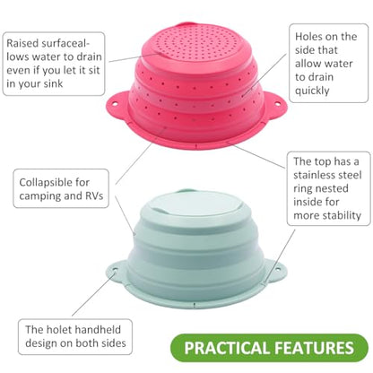 Collapsible Silicone Colander Bowl Set,BPA Free, Heat Resistant, Stainless Steel Nesting, Portable Washing Basket Strainer Drain Basin for Pasta, Vegetable and fruit, Kitchen, Camping, Hiking - color: Red+Green