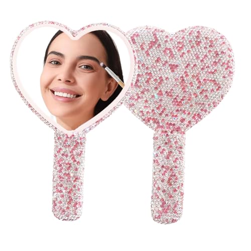Large Rhinestone Handheld Mirror Heart Bling Glitter Cosmetic Dazzling Portable Hand Mirrors with Handle for Women Wedding Silver White (Pink) - color: Pink
