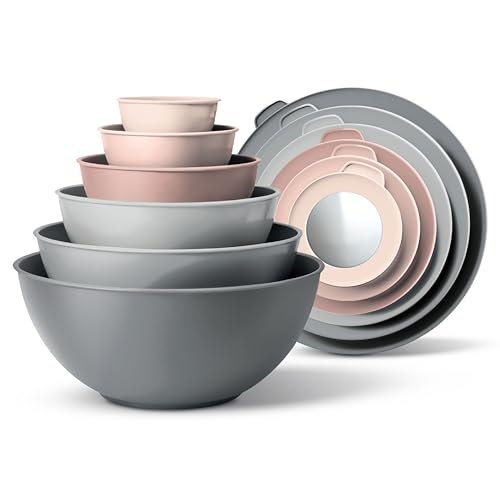 COOK WITH COLOR Mixing Bowls with TPR Lids - 12 Piece Plastic Nesting Bowls Set includes 6 Prep Bowls and 6 Lids, Microwave Safe Mixing Bowl Set (Pink Ombre) - color: Pink Ombre TPR Lids