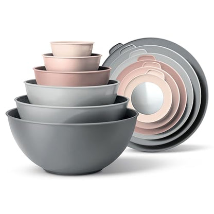 COOK WITH COLOR Mixing Bowls with TPR Lids - 12 Piece Plastic Nesting Bowls Set includes 6 Prep Bowls and 6 Lids, Microwave Safe Mixing Bowl Set (Pink Ombre) - color: Pink Ombre TPR Lids