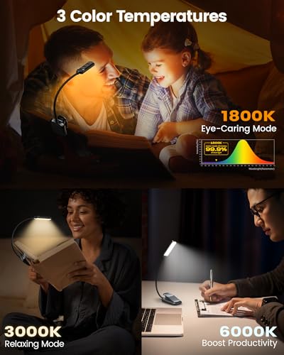 Glocusent 13 LED Reading Lights for Books in Bed, Eye-Caring Rechargeable Book Light 3 Amber Colors & Stepless Dimming, 120 Hrs Runtime, Travel Clip on Reading Lamp, Gifts for Book Lover Men Women Kid - color: Black