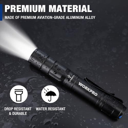 WORKPRO Rechargeable Pen Light, Mini Flashlight, 2 Pack Ultra-Compact EDC Flashlight, Pocket Flashlight with Clip, Memory Function and 2 x USB C Cable Included, Black - color: Black
