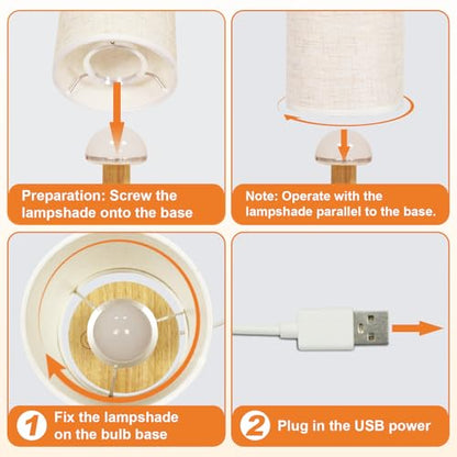 Small Touch Table Lamp with Stepless Dimming&USB Plug,Natural Round Wood Base&Linen Fabric Shade |Soft Ambient Warm Night Light|Minimalist Boho Bedside Lamp for Bedroom,Nightstand,Nursery,Kitchen,Dorm - size: Round - USB Plug Touch - Set of 1