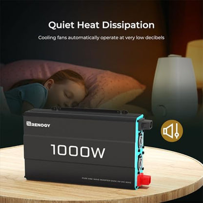 Renogy 1000W Pure Sine Wave Inverter 12V DC to 120V AC Converter for Home, RV, Truck, Off-Grid Solar Power 110V with Built-in 5V/2.1A USB Port, Hardwire Remote Controller - size: 1000W(No BT & ATS)